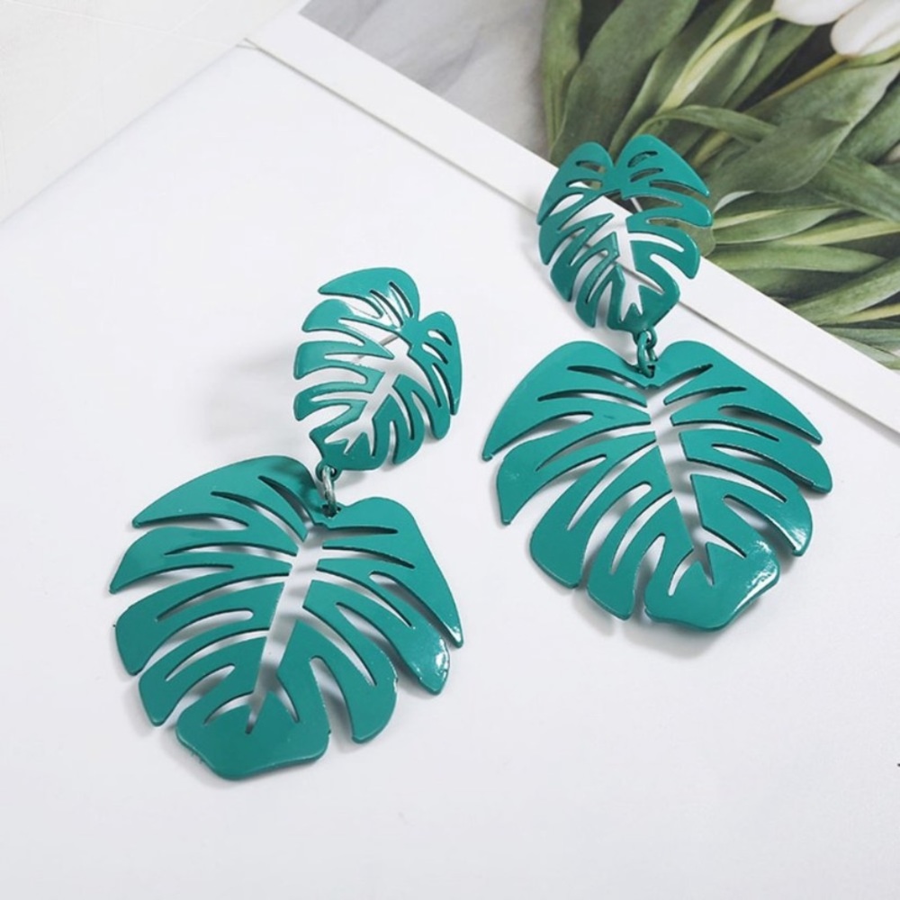 Boho Green Palm Leaf Earrings